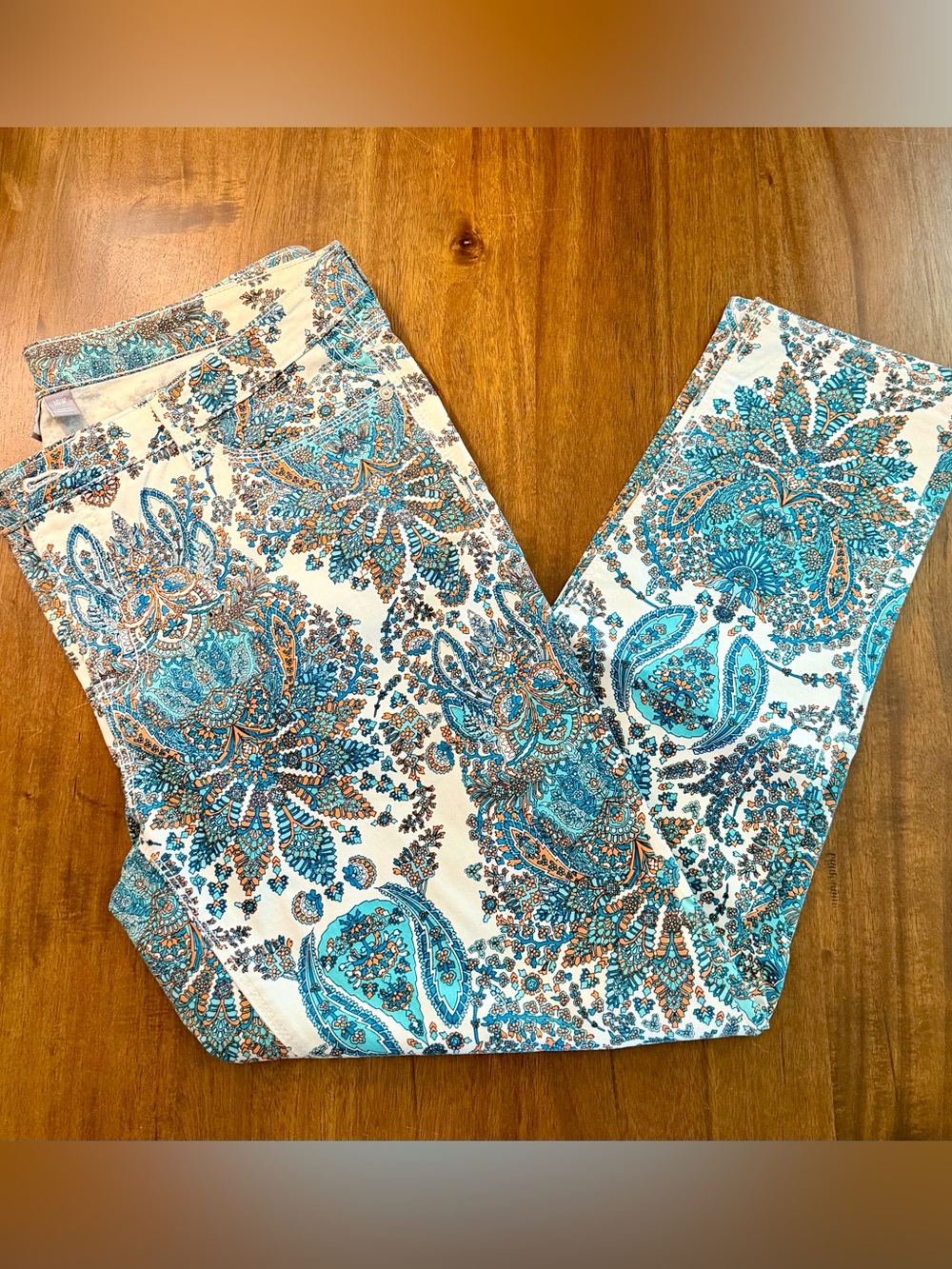 Women's White Paisley Print Stretch pants — Turquoise & Brown